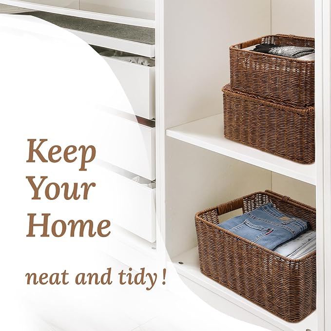 WeeNest Baskets with Handles, Wicker Storage, Shelf Boxes for Organizing, Stackable Woven Bins, Decorative Lidded Resin, Set of 3, Toffee - Image 4