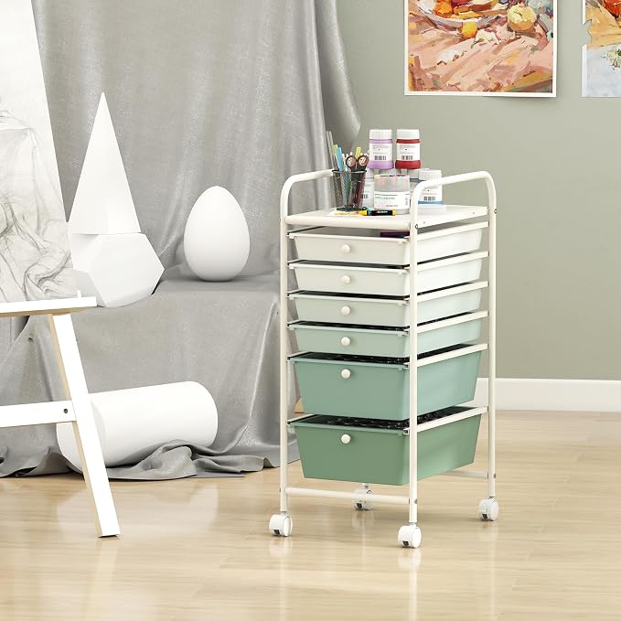 Giantex 6 Storage Drawer Cart Rolling Organizer Cart for Tools Scrapbook Paper Home Office School Multipurpose Mobile Utility Cart, Green Gradient - Image 5