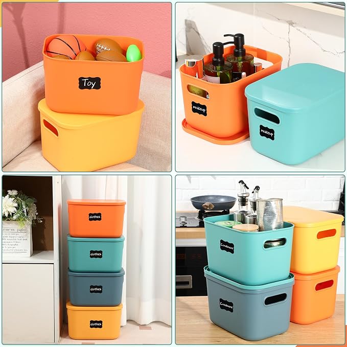 4 Pcs Plastic Storage Bins Stackable Baskets with Lid and Handle Colorful Desktop Storage Box Cubby Containers for Shelf Bedroom Office, Include 1 Erasable Marker, 16 Stickers(10 x 7 x 6 in) - Image 5