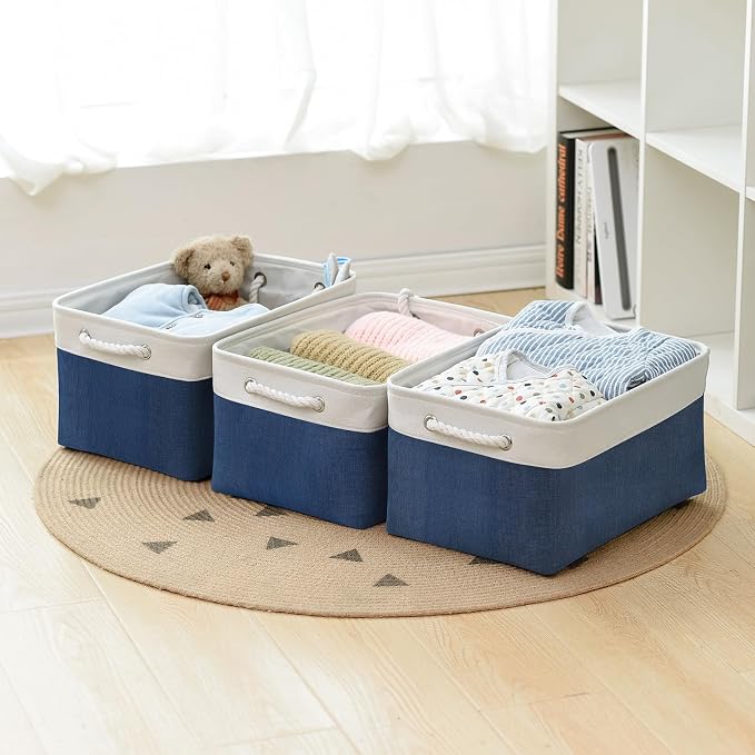 Collapsible Storage Bin for Shelves - Large 3 Pack 16x12x8 inch Storage Basket for Organizing with Handles, Canves Storage Box for Organizer Toy Closet Cloth Gift (White & Jean Blue) - Image 3