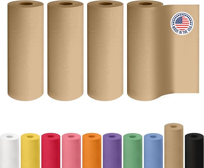 9" x 2160" (180 ft) Brown Kraft Paper Roll, 4-Pack - USA-Made Craft Paper for Gift Wrapping, Kids' Arts & Crafts, School Projects - 100% Recycled Natural Material 30lb Thickness by IDL Packaging by IDLPackaging