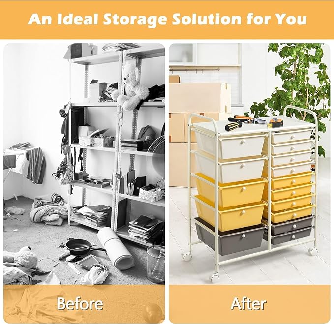 15 Drawer Rolling Storage Cart, Rolling Cart with Drawers for Classroom, Art Supply Craft Organizer on Wheel with Metal Frame & Handles for Home Office School - Image 4