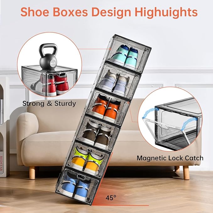 INSTY 12 Pack Gray Transparent Shoe Storage Organizer, Stackable Shoe Boxes for Closet, Drop Front Plastic Shoe Box with Grey Door, Easy to Assemble, Fit up US Size 12(13.4”x 9.8”x 7.1”) - Image 3