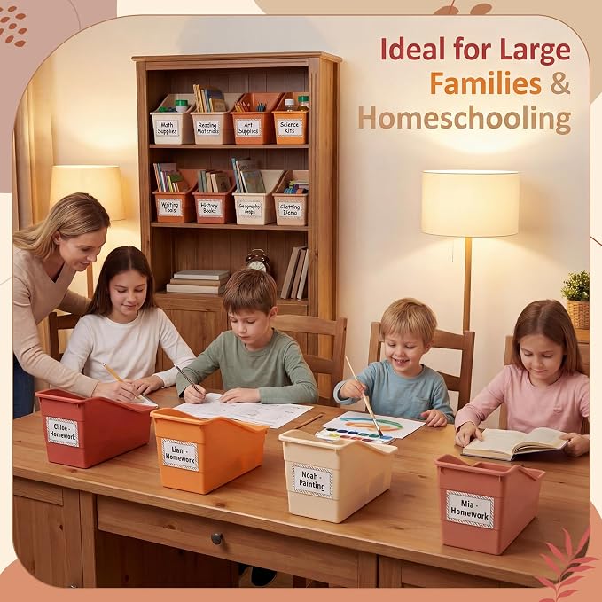 Blosssound 12 Set Book Bins for Classroom Stackable,Earth Tones | Plastic Baskets with Labels, Slanted Front, Library Supplies Organizers, Desktop Storage Bins, Teachers Home School Use - Image 7