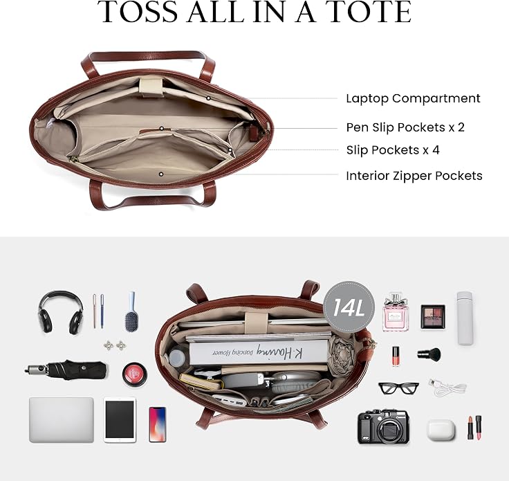 befen Vintage Genuine Leather Work Tote Bag for Women, Tote Bag with Zipper | Large Tote Bag with Zipper Leather Purse and Handbags with Compartment, Vintage Genuine Leather Work Tote Bag for Women - Image 3