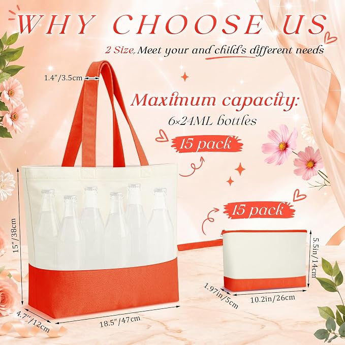 Sanwuta 30 Pcs Canvas Tote Bags Bulk with Zipper Cosmetic Pouch,Orange | 18.5" Reusable Cotton Shopping Bag with Handle for DIY Craft - Image 3