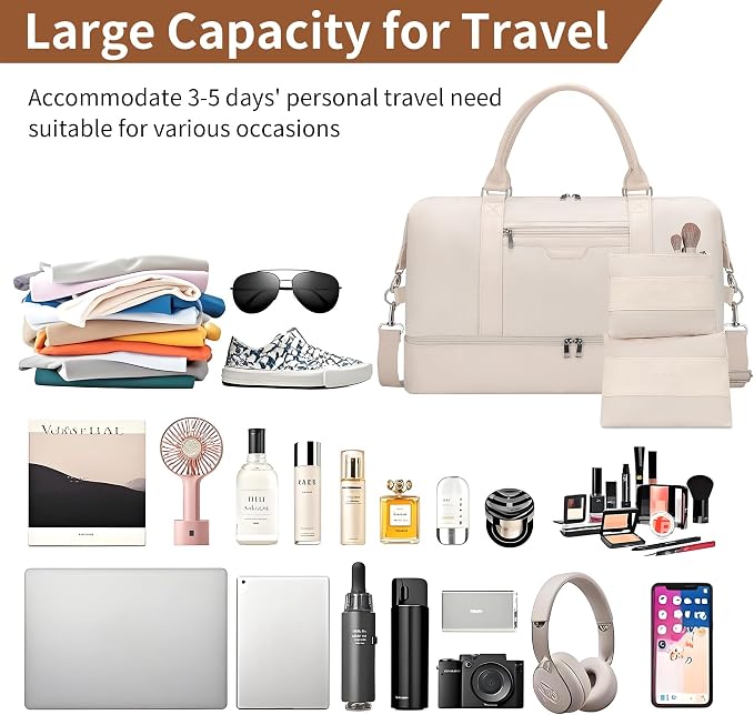 Oeihuivt Weekender Bags for Women - 21 Inch Large Travel Duffel Bag 3-Piece Set with Shoe Compartment, Heavy-Duty Canvas & Leather Carry On Overnight Tote (Airplane Approved) - Image 3