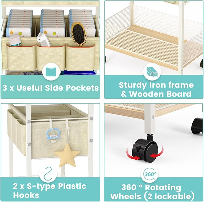 2In1 Baby Diaper Caddy & 3-Tier Rolling Cart, Diaper Caddy Organizer Carts with Dividers, Mobile Metal Utility Cart for Nursery Essentials, Detachable Bedside Cart, Large Capacity, White - Image 6