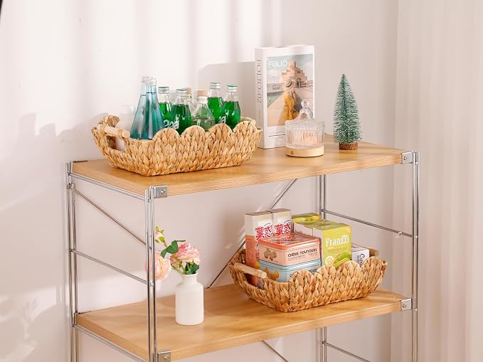 Coeusy Gift Basket, Cute Wicker Basket for Gifts, Scalloped Woven Water Hyacinth Storage Basket with Wooden Handles for Snack, Display, Shelves, 2 Pack - Image 7