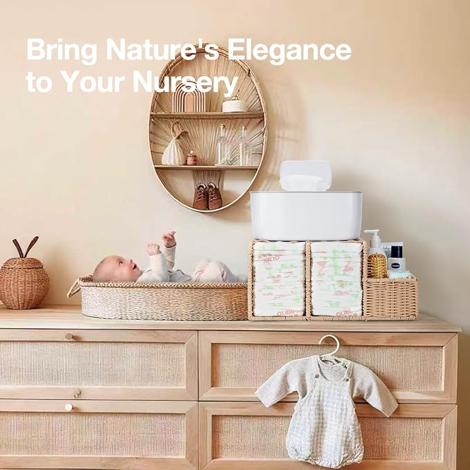 Diaper Caddy Organizer, Hand Rattan Nursery Storage Basket for Baby Essentials, Baby Changing Table Organizer Perfect Nursery Assistant - Image 3