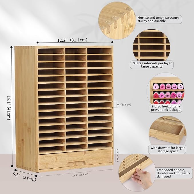 AUTOARK Bamboo Marker Organizer for 225 Markers,AHK-063 | Desktop Storage with Drawers,Art Markers Pens Pencils Brushes,Stationary Organizer - Image 2
