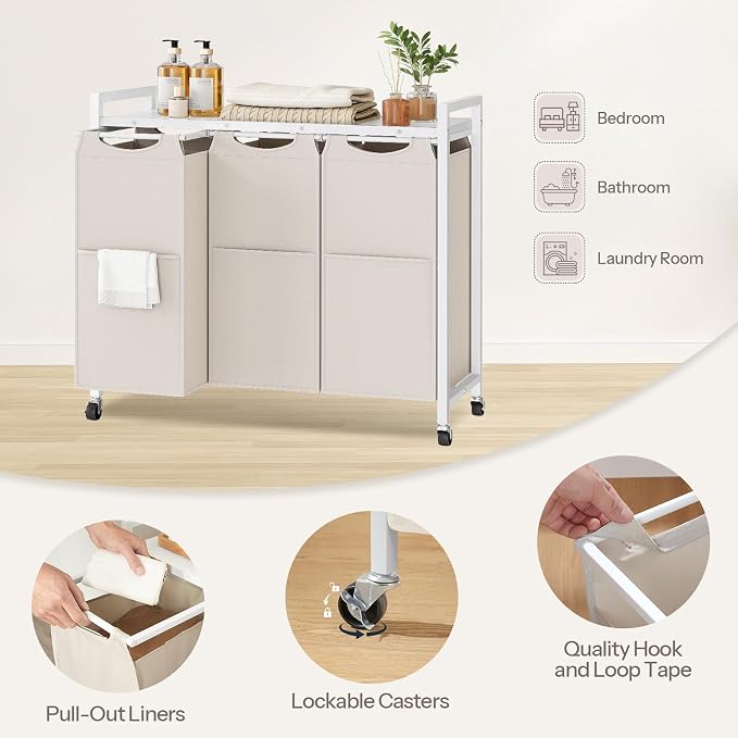 HOOBRO Laundry Sorter 3 Section, Laundry Hamper with Wheels, 3 × 11.5 Gal (43.4L), Rolling Laundry Basket, Pull-Out and Removable Oxford Fabric Bags, White WG76XY01 - Image 6