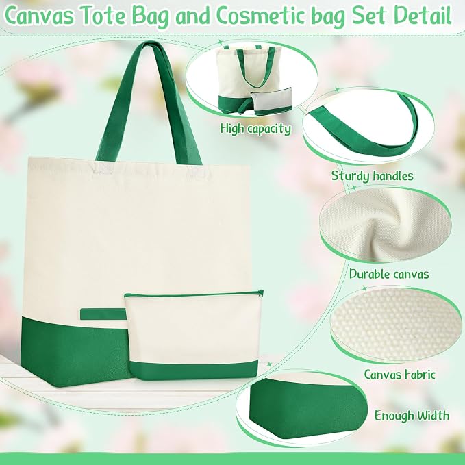 Sanwuta 30 Pcs Canvas Tote Bags Bulk with Zipper Cosmetic Pouch,Green | 18.5" Reusable Cotton Shopping Bag with Handle for DIY Craft - Image 4