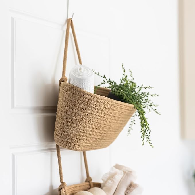 3-Tier Over the Door Hanging Basket (Set of 2) Adjustable, Detachable Woven Storage Baskets with Wall and Door Hooks - Decorative Boho Organizer for Nursery, Playroom, Bedroom, Kitchen, Apartment - Image 8