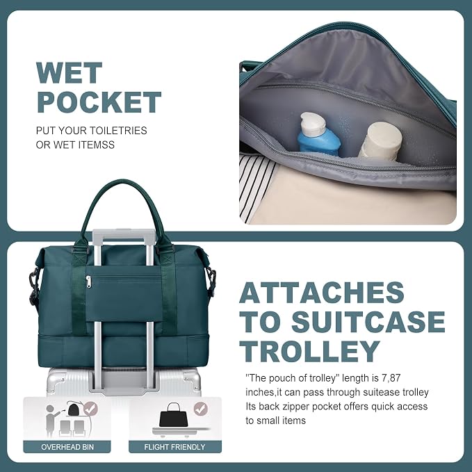 Weekender Bags for Women, Travel Duffel Bags with Shoe Compartment,Personal Item Travel Bag for Airlines, Carry on Overnight Tote Bag for Women with Toiletry Bag, Peacock Blue - Image 6