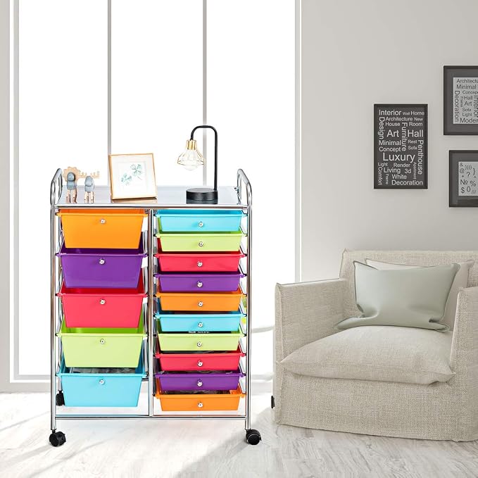 RELAX4LIFE 15 Drawer Rolling Storage Cart, Mobile Drawer Carts for Craft Art Supply Paper Salon, Utility Cart on Wheels for Classroom Teacher School Office, Rolling Cart with Drawers (Multi-Color) - Image 2
