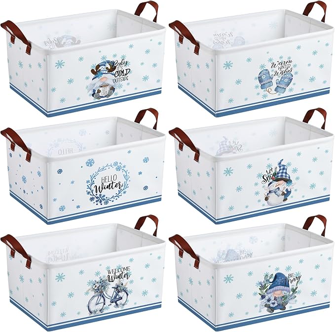 CHENGU 6 Pack Winter Storage Basket Collapsible Snowflakes Basket for Gifts Gnomes Holiday Decor Large Snowman Bin Foldable Blue Hello Winter Box with Handle for Bedroom Office Home by CHENGU