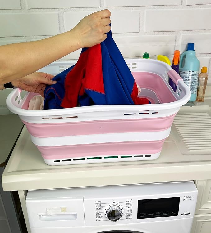 SAMMART Set of 2 Collapsible Plastic Storage Basket - Foldable Pop Up Storage Container - Portable Laundry Organizer - Space Saving Hamper (White/Cherry Pink, 42L (Style A)) - Image 4