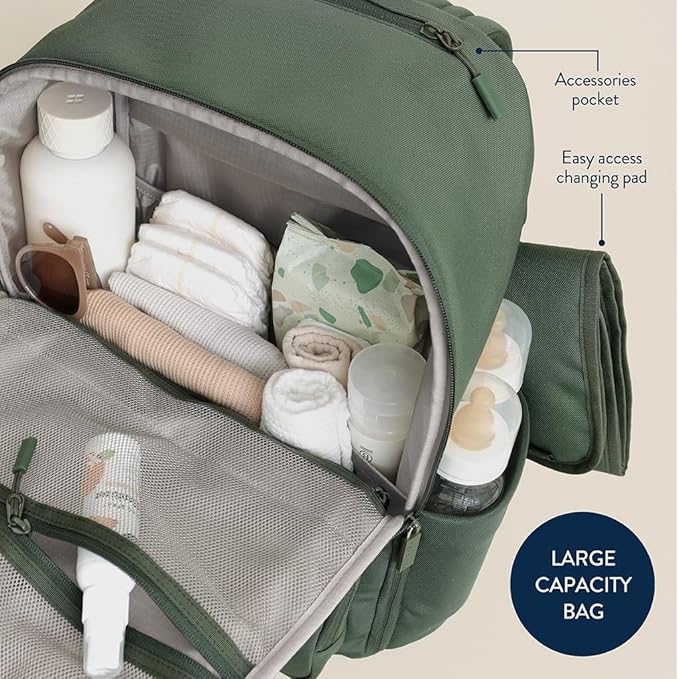 Itzy Ritzy Utility Diaper Bag Backpack, 17 Pockets w/Changing Pad (Green) | Travel-Ready Diaper Backpack with 2 Insulated Bottle Holders, Laptop Compartment, Trolley Sleeve, Straps, and Changing Pad - Image 7
