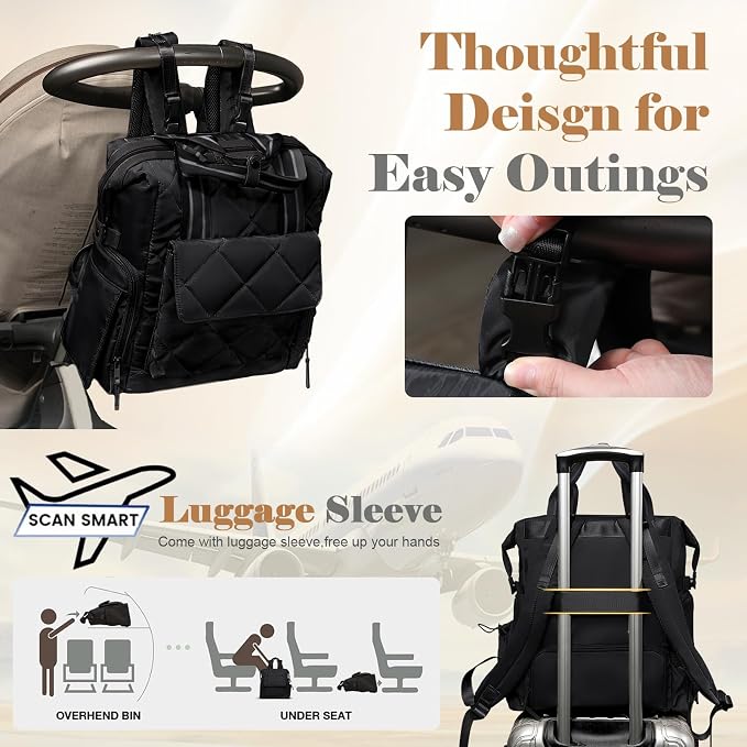Omanmoli Diaper Bag Backpack Quilted Baby Bag Travel Breast Pump Backpack | 11 Organizing Pouches,Large Insulated Cooler Compartment,Wipe Pocket,Insulated Pocket,Stroller Straps,Changing Pad - Image 6