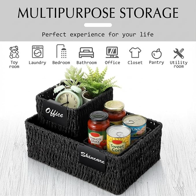 Marsui 6 Pcs Wicker Storage Baskets for Pantry Organization with Labels Handwoven Paper Rope Multi-size Black Wicker Storage Bins for Organizing Small Baskets Container for Shelves Closet Toilet - Image 4
