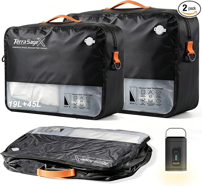Travel Vacuum Bags with Pump, Space Saver Compression Storage Bags for Luggage & Suitcase, Clear Viewing Window, Reusable Vacuum Seal Bags for Clothes, Bedding & Travel (19L+45L, 1 Set) by TerraSageX