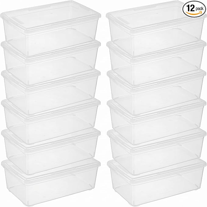 novelinks 12 Pack 6QT Plastic Storage Bins with Lids, Shoe Bins | Shoe Boxes Clear Plastic Stackable, Shoe Containers, Clear Shoe Storage Boxes, Craft Organizers and Storage by novelinks