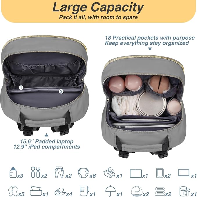 Diaper Bag Backpack, Quilted Baby Bag with Changing Pad and Stroller Straps and Pacifier Case, Large Travel Diaper Bags for Mom Dad, Grey - Image 3