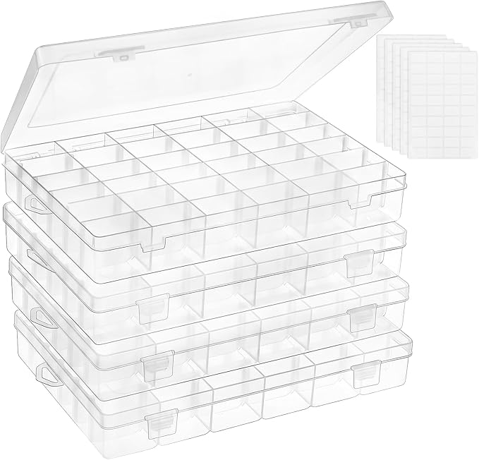 Bead Organizer Storage 4 Pack 36 Grid Jewelry Tackle Craft Box Adjustable | Clear Plastic, Adjustable Dividers, Label Stickers Included, for Beads Jewelry Crafts Fishing Tackle and Small Parts by Outuxed