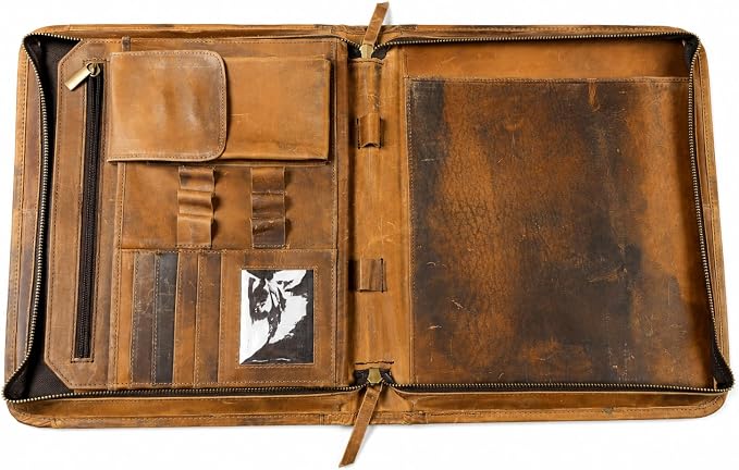 Leather Portfolio Organizer with Zipper for Men Women, Padfolio Business Resume A4/Pad, Folder Organizer, Legal Pad Holder with Card Slots, Zippered Padfolio for Business Documents (Brown) - Image 2