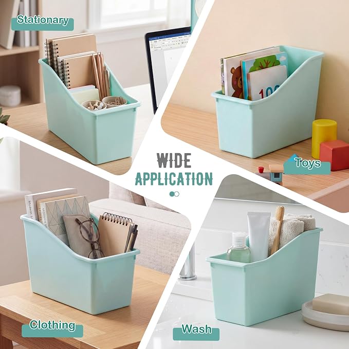 Geetery 12 Pcs Book Bin for Classroom with Labels Stackable Plastic Organizing Bins 11.5 x 5.4 x 7.5 in Book Holders Storage Bins Box Baskets for Classroom Library Home (Teal Color) - Image 6