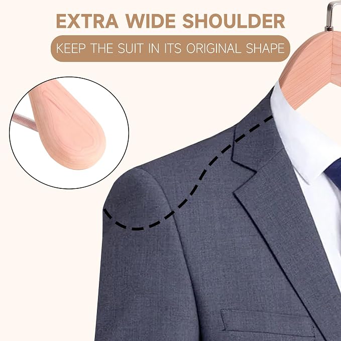 Wooden Suit Hangers with Non Slip Pants Bar, Cedar Wood, 12-Pack, 16" | Wood Extra-Wide Shoulder Hangers, Flat-Head Hook Hangers for Suits, Coats, Jackets, Shirts, Pants, and Heavy Clothes - Image 5
