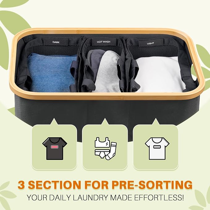 160L Laundry Hamper with Lid, 3 Section Laundry Basket with 3 Removable Bag | Clothes Hampers for Laundry with Bamboo Frame Handle, Large Dirty Clothes Hamper for Laundry Room, Bathroom, Bedroom, Grey - Image 3