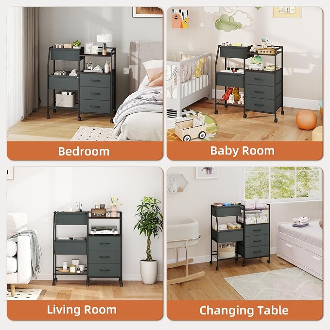 Somdot Baby Diaper Caddy Organizer, 3-Tier Rolling Cart with Drawers | Large-Capacity Metal Nursery Organizer with Removable Dividers, Charcoal Grey - Image 8
