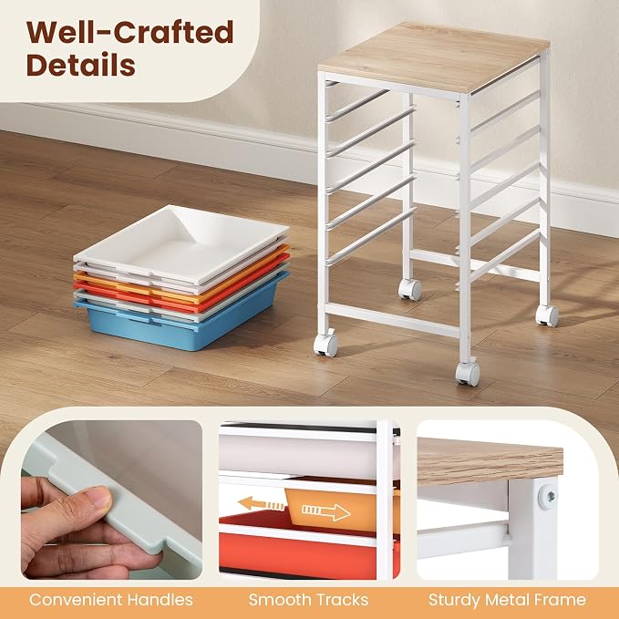 Giantex Rolling Storage Cart with 6 Drawers, Utility Cart w/Wooden Tabletop, Lockable Wheels, Multipurpose Organizer for Art Craft Scrapbooks Paper, Drawer Carts for Dorm Classroom Office, Macaron - Image 6