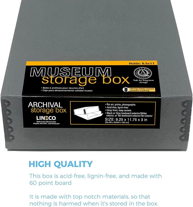 Lineco Drop Front Archival Storage Box, 9.25x11.75x3 in, Gray, 2 Pack | Acid-Free with Metal Edge, Preserves Picture Longevity, Organize Photos, Newspapers, Prints, Documents, Crafts, DIY - Image 4