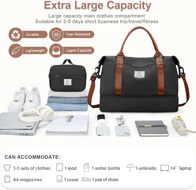 Large Weekender Bags for Women, Travel Duffel Bag with Shoe Compartment,Personal Item Travel Carry on Overnight Bag for Women Travel Set,Black & Brown - Image 3