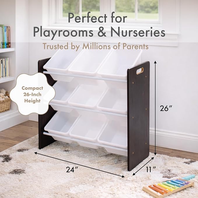 Humble Crew Toy Storage Organizer with 9 Removable Storage Bins for Kids Playroom, 3-Tier Toddler Toy Organization and Storage, Espresso/White - Image 2