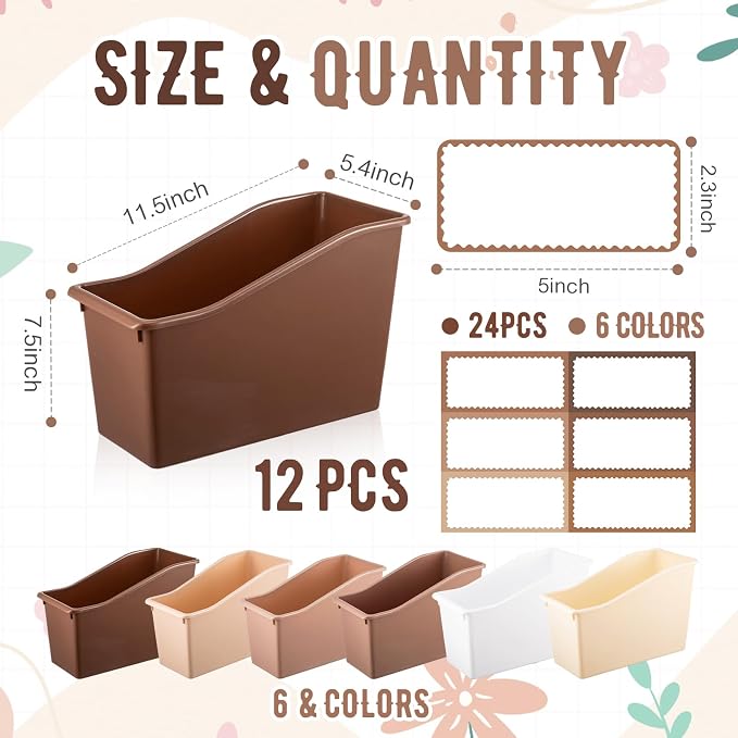 Geetery 12 Pcs Book Bin for Classroom with Labels Stackable Plastic Organizing Bins 11.5 x 5.4 x 7.5 in Book Holders Storage Bins Box Baskets for Classroom Library Home (Brown Color Series) - Image 2