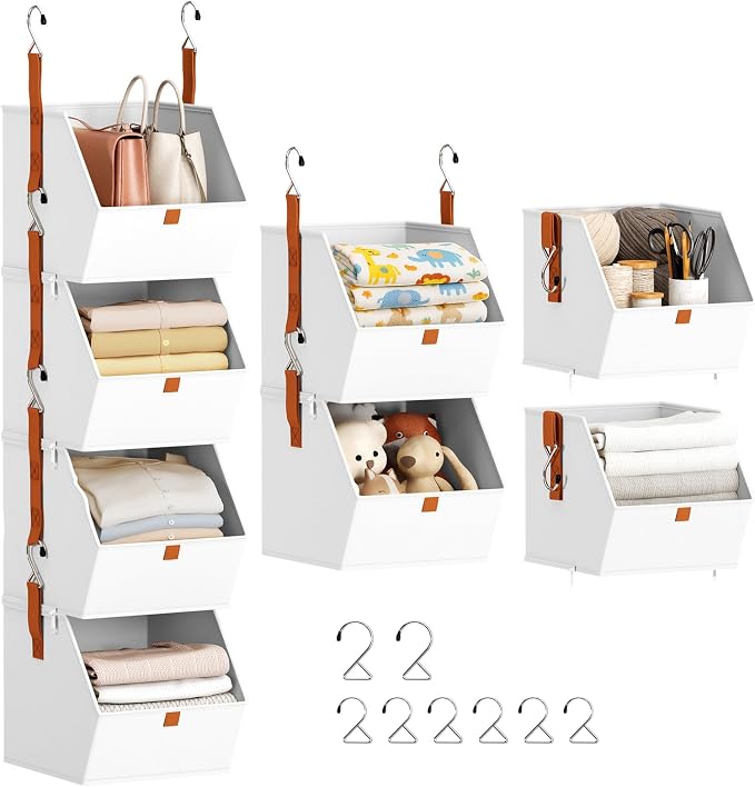 Hanging Closet Organizer 4 Tier - Clothes Hanging Shelves, Space-Saving Closet System, Fabric Storage Bins Bedroom Organization, Collapsible Baskets for Home, Dorm, Rv, White by Homsorout