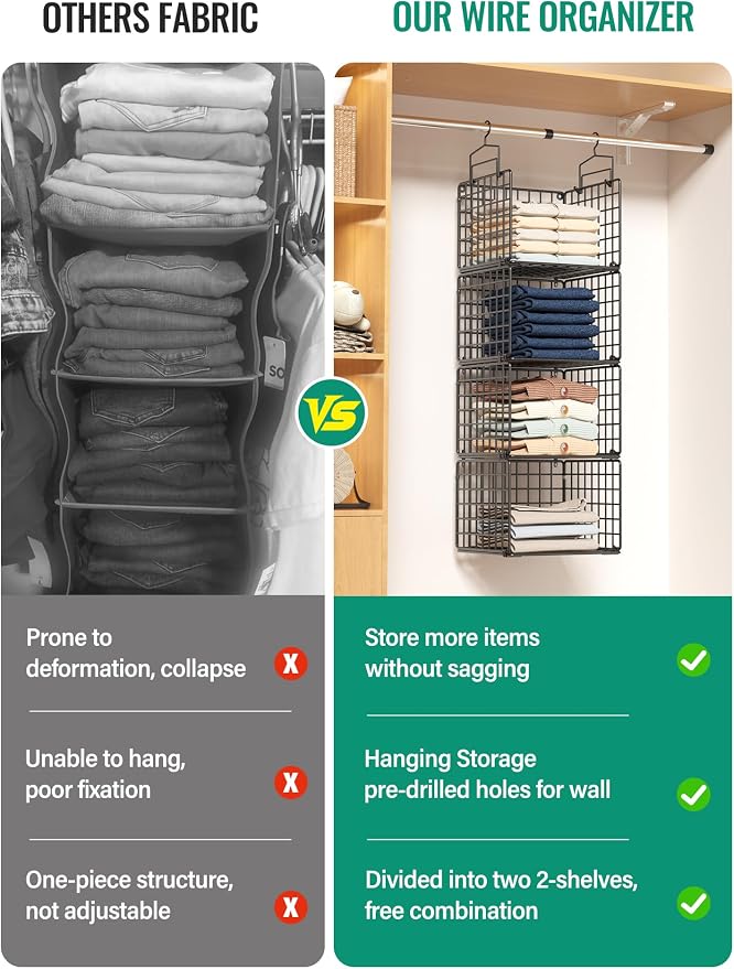 Hanging Closet Organizer, 4 Tier Metal Closet Organizers and Storage with 4 Hanging Hooks 4 S-Hooks for Wardrobe Laundry Room, Wire Storage Shelf for Clothes Sweaters Pants (Black) - Image 5