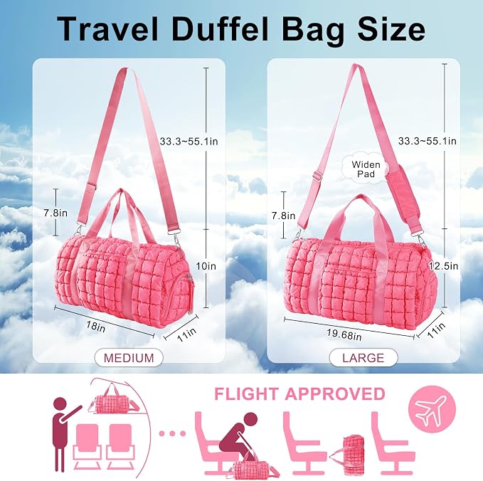 Quilted Travel Duffle Bag Gym Bag for Women,Large Puffer Duffle Weekender Bag with Compartment,Workout Overnight Carry on Organizer Bag Duffle Bag for Airplane Travel(L-Pink) - Image 2