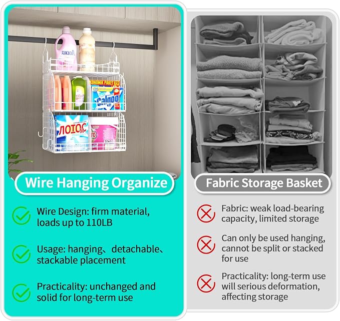 HapiRm Hanging Closet Organizer Storage - 3 Tier Metal Stackable Hanging Closet Shelves with Dividers and S Hooks, Foldable Clothes Shelves for Clothes, Pants, Shoes, Coat, Hats Clutches Accessories - Image 7
