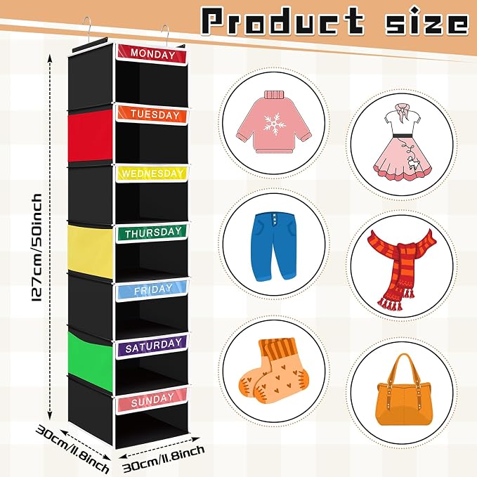 2 Pcs 7 Shelf Weekly Clothes Organizer for Kids Hanging Closet Organizer 11. 8 x 11. 8 x 50 Inches Daily Activity Kids Clothes Storage Drawers Cube Drawers Closet Hanging Shelves(Black) - Image 2