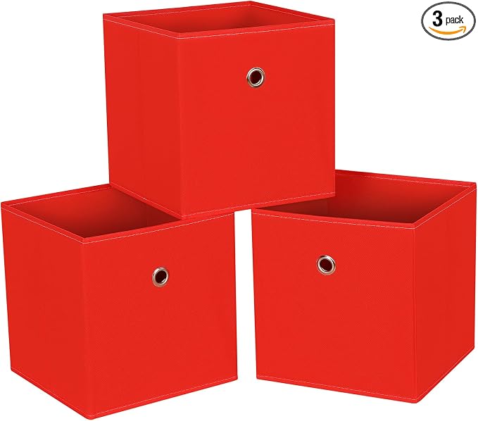 Foldable Storage Cubes Bins ,11 Inch Cloth Storage Cube Fabric Storage Box Cubes Organizer Baskets with Handles for Home Organizer Set of 3 (Red) by NieEnjoy