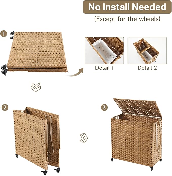 Laundry Hamper with Wheels, 39.6 Gallon(150L) Rolling Laundry Basket with Lid, 3-Section Rattan Clothes Hamper with 3 Removable Liner & 3 Mesh Bags, Laundry Sorter with Side Pocket, Natural - Image 7