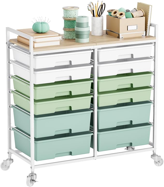 TOOLF 12 Drawers Rolling Storage Cart with Wooden Top for Classroom,Green | Teacher Cart Craft Art Supply Organizer, Utility Cart with Lockable Wheels for Home Household Essentials, Office Organization by TOOLF