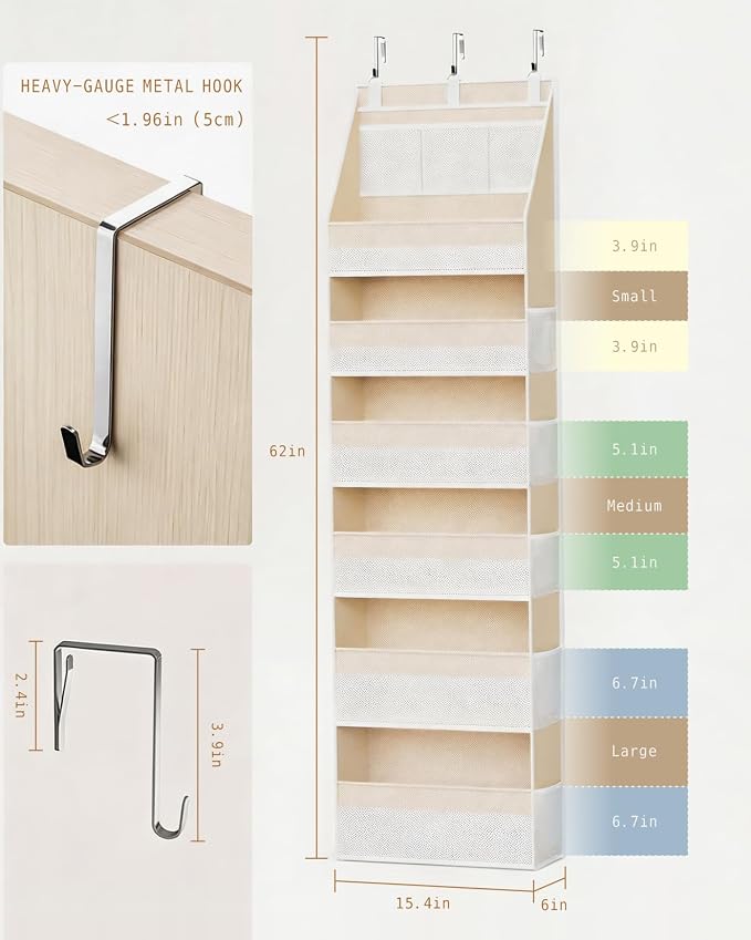 KMSCO Over The Door Organizer 6 Large +13 Mesh Side Pockets | 55lbs capacity, heavy duty non-woven fabric.Ideal for nursery, bathroom, pantry, closet. Beige, 1 pack. - Image 2