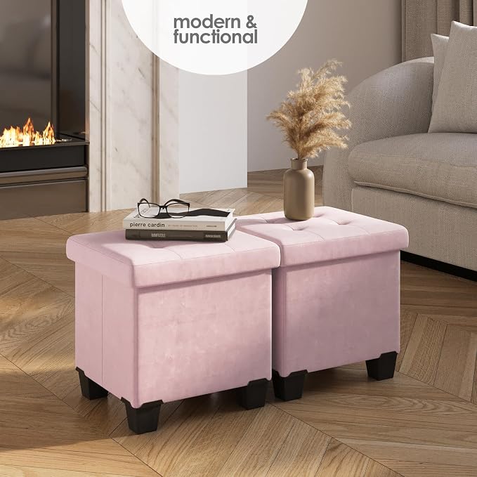 Storage Ottoman Cube with Small Bin, 15-in Square Ottoman with Storage for Living Room and Bedroom, Small Ottomans Foot Rest, Velvet Foot Stools Ottomans Max 330lbs, Pink - Image 2
