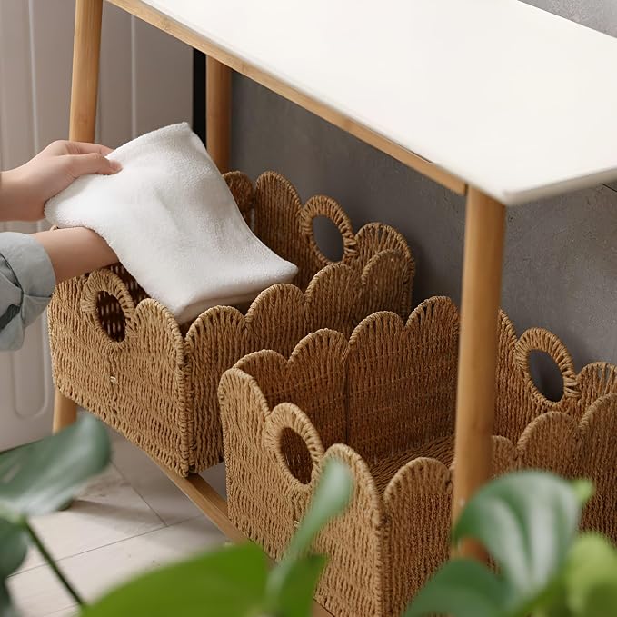 Leinuosen 4 Packs Scalloped Wicker Storage Basket Paper Rope Pantry Baskets for Shelves Organizing Toilet Paper Foldable Rattan Cube Storage Bins Boho Organizer Bins for Home, 13 x 11 x 7.9 Inches - Image 5